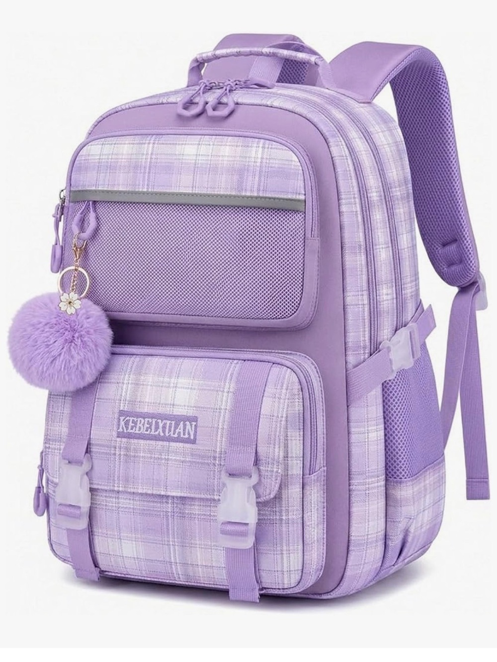 Lavender Plaid girls Backpack with lunch kit